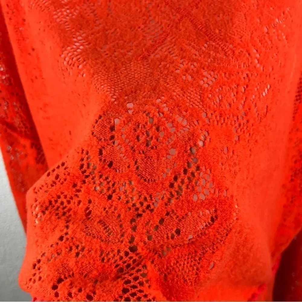 Free People Oversized Orange Long Sleeve Top Semi-Sheer Lacy Size XS Bohemian